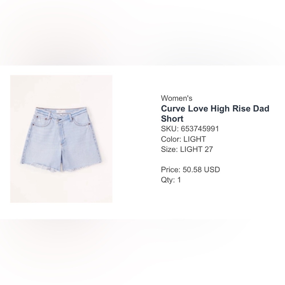 Abercrombie Curve Love High Rise Dad Short, Light Wash, Size 27